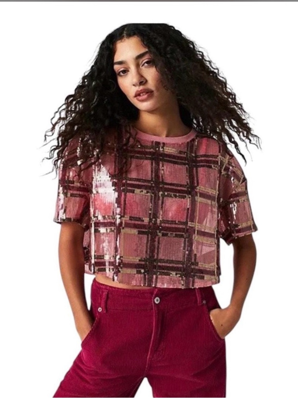 Free People Make It Easy Multicolor Sequin Crop Relaxed Tee Size Small